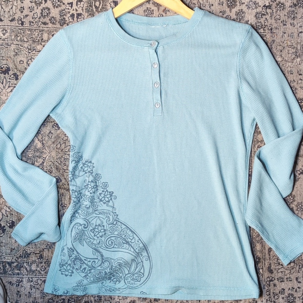 Waffle Paisley Print Vintage Y2k Light Blue Long Sleeve Top